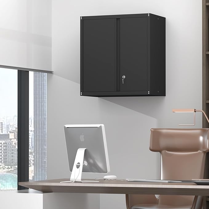 28" H Metal Wall Cabinet, Steel Wall Mount Storage Cabinets with 2 Doors and 1 Adjustable Shelf, Small Wall Cabinet for Kitchen, Garage, Laundry Room, Pantry, Black