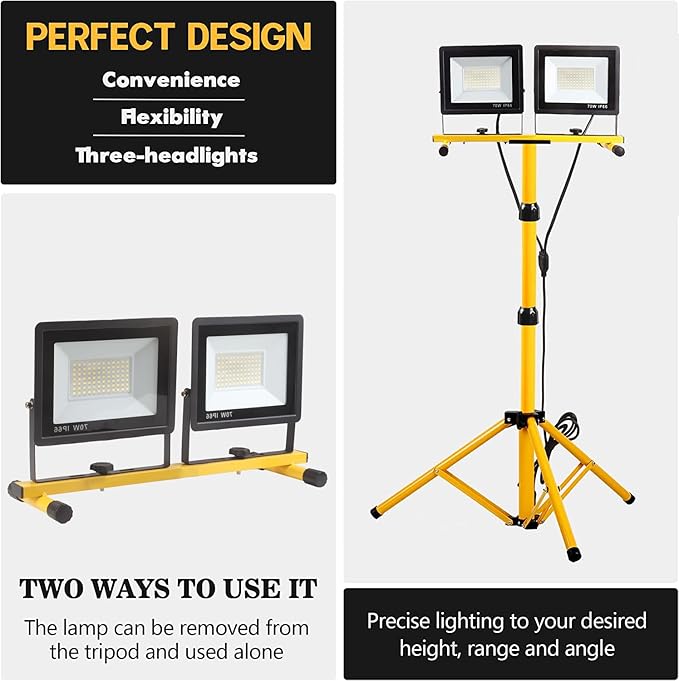 21000 Lumen Work Lights with Stand, 2 Adjustable Head LED Work Light, with Adjustable and Foldable Tripod Stand, Waterproof Lamp with Individual Switch with 6500 Kelvin Color Temperature