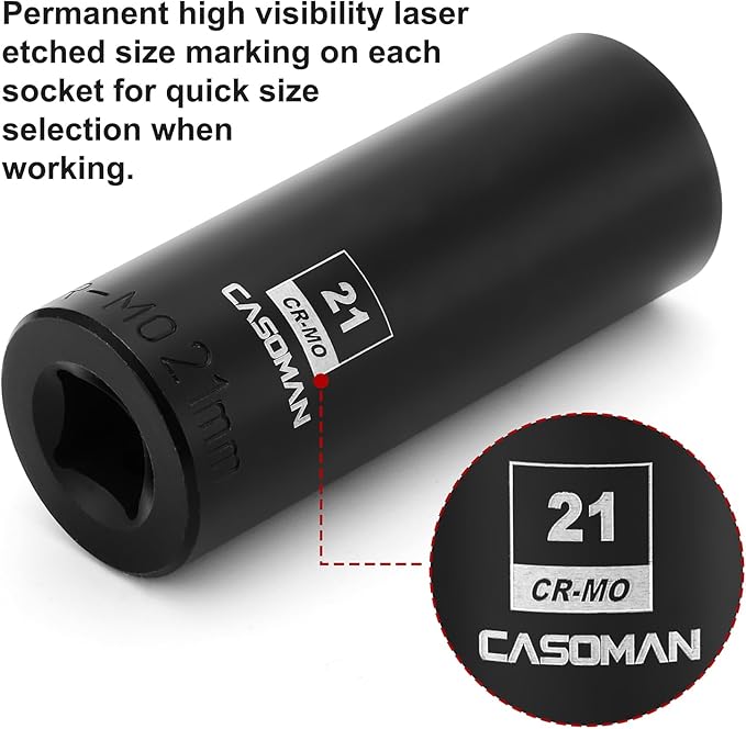CASOMAN 1/2-Inch Drive x 21mm Deep Impact Socket, 6-Point, Metric, CR-MO