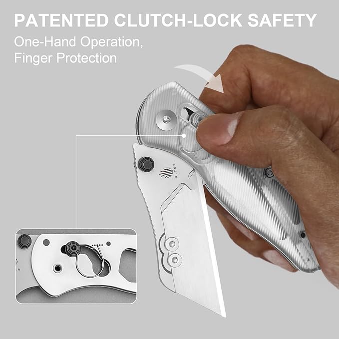 Kizer Drop Bear(Dual-screw Version) Folding Utility Knife, Clutch Lock Box Cutter EDC Pocket knife with 10PCS Razor Blades, Pocket Knives with Pocket Clip for Men Women V3619JA5