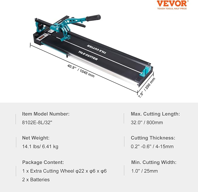 VEVOR Manual Tile Cutter, 32 inch, Porcelain Ceramic Tile Cutter with Tungsten Carbide Cutting Wheel, Infrared Positioning, Anti-Skid Feet, Durable Rails for professional installers or beginners