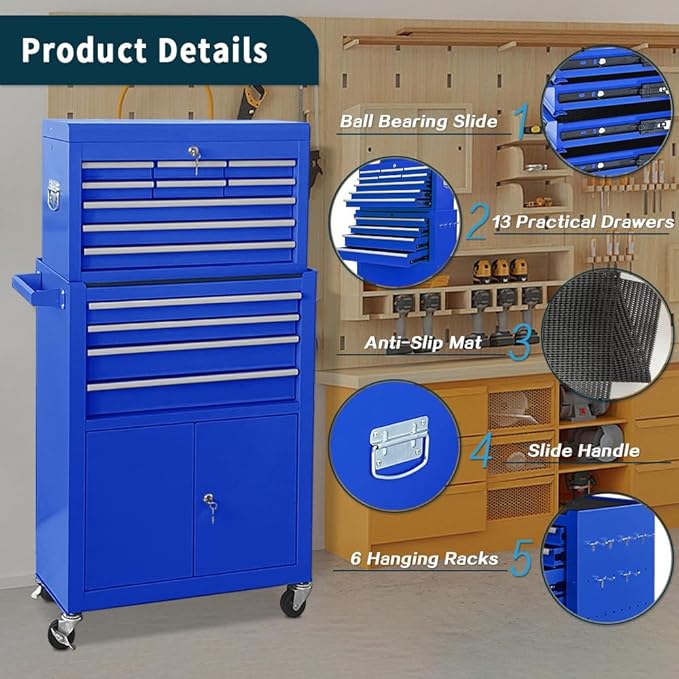 13-Drawer Tool Chest with Double Door and Wheels, Large Detachable Tool Box with Sliding Drawers, Mechanic Toolbox Storage Cabinets, Metal Tool Cart for Garage Workshop (Blue)
