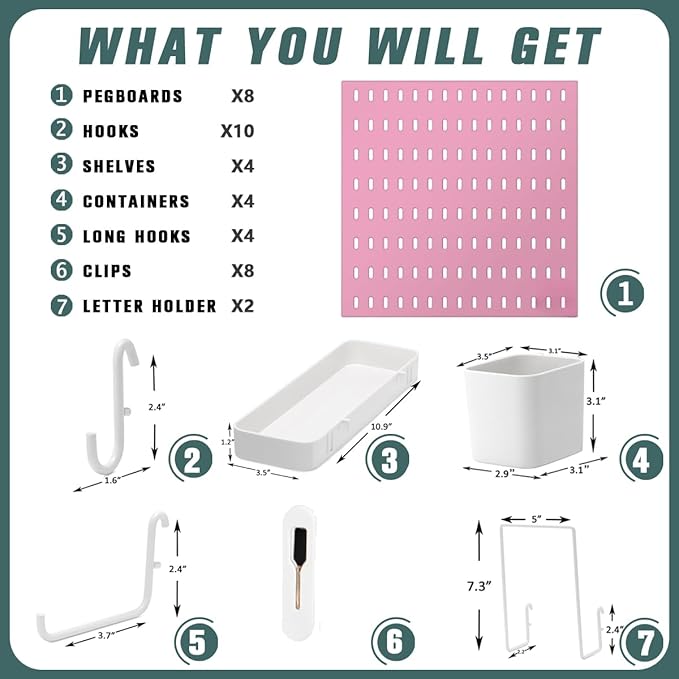 Pegboard Combination Kit, Wall Mounted Storage Set with 8 Pegboards & 32 Accessories Hanging, Pink Peg Boards Organizer for Walls Display, Crafts Organization, Kitchen Organizer, 22" x 44"