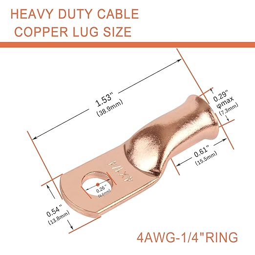 RIOCAN 10pcs 4 AWG-1/4”(M6) Ring Terminals 4 Gauge Battery Lugs Battery Cable Ends Heavy Duty Wire Lugs Battery Cable Connector Copper Lugs Battery Terminal Connectors