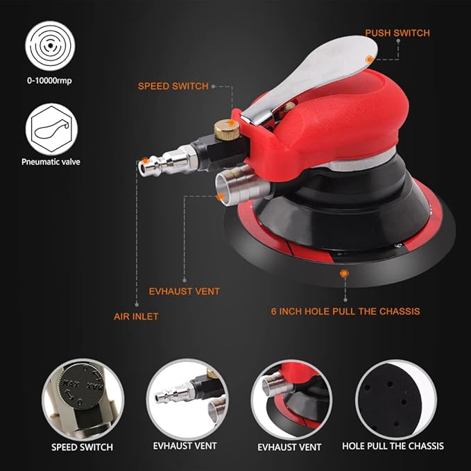 Random Orbital Sander 5" & 6" Pneumatic Palm Sander with Extra 5" Backing Plate, Sponge Polishing Pads, Sandpapers Low Vibration and Heavy Duty for Wood, Composites, Metal