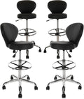 Black PVC Faux Leather Drafting Chair Set of 4 Rolling Swivel Salon Stool with Back Support Foot Rest Adjustable Hydraulic Seat Height for Massage Facial Spa Medical Drafting Tattoo Beauty