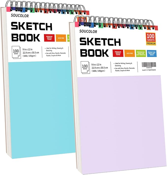 Soucolor 9x12 Sketch Book 2-Pack, 100 Sheets, Spiral Bound | 68lb acid-free by Soucolor