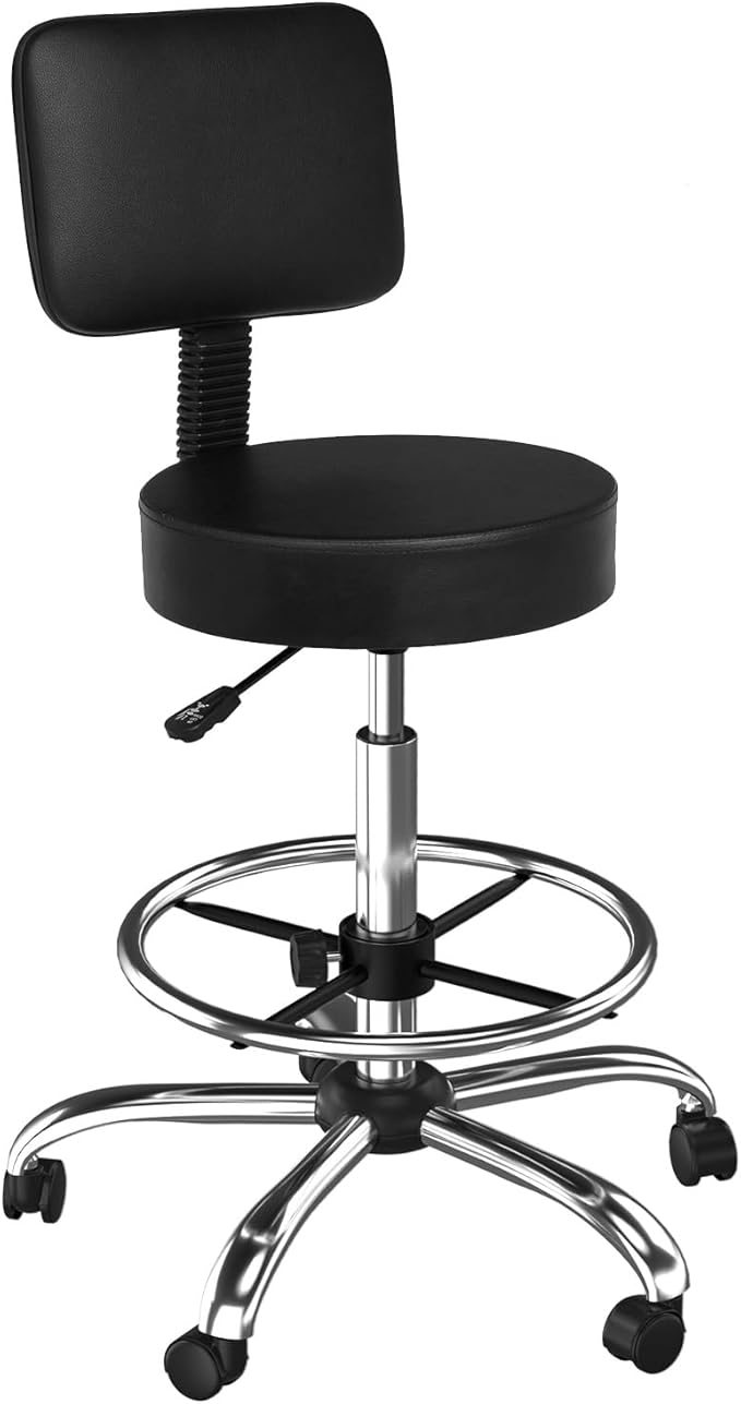 OmySalon Drafting Chair,Ergonomic Office Desk Chair with Back Support,Tall Adjustable Rolling Stool with Footrest & Thick Seat Cushion,Computer Chair for Salon Medical Spa Home Bar Kitchen, Black