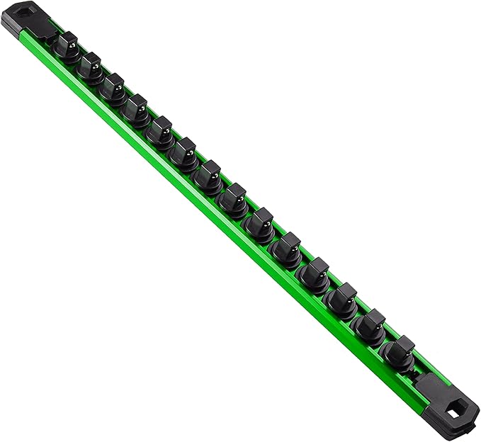 Magnetic Socket Organizer, 1-Piece Heavty Duty Aluminum Socket Holder, Socket Rail for Tool Box, Premium Quality 360° Swivel Socket Rack with 14 Clips for 3/8-Inch(Green)