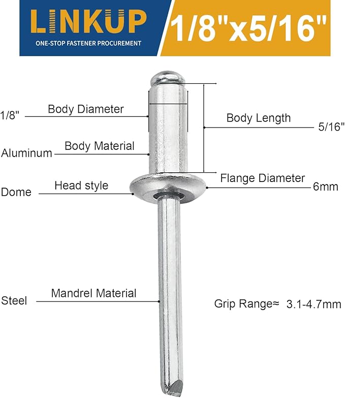 Linkup 380pcs pack 1/8" x 5/16" Pop blind Rivets, 3.2mm x 8mm pop rivets,Aluminum Body Steel Mandrel Rivets (Silver),Dome Head aluminum rivets