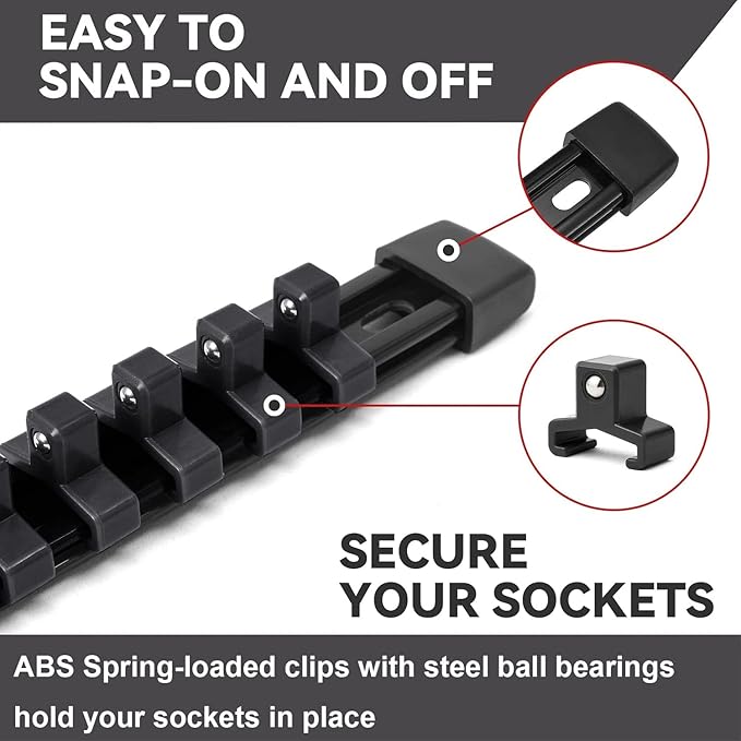 ALOANES 3 PC ABS Socket Organizer, 1/4 inch, Drive Socket Rail Holders, Heavy Duty Socket Racks, Black Rails with Black Clips