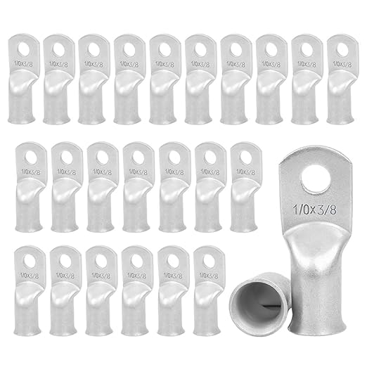 25Pcs 1/0 AWG 3/8"(M10) Stud Tinned Copper Ring Terminals Battery Cable Ends Wire Lugs 1/0 Gauge Battery Cable Lugs Heavy Duty Cable Lugs Bare Copper Eyelets Tubular Ring Terminal Connectors