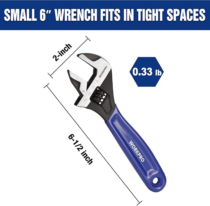 WORKPRO 6-Inch Adjustable Wrench, Wide Jaw Cr-V Steel Black Oxide Finish, for Medium-Size Bolts (M6–M16), Metric & SAE Scales, for Home, Garage, DIY & Workshop Use