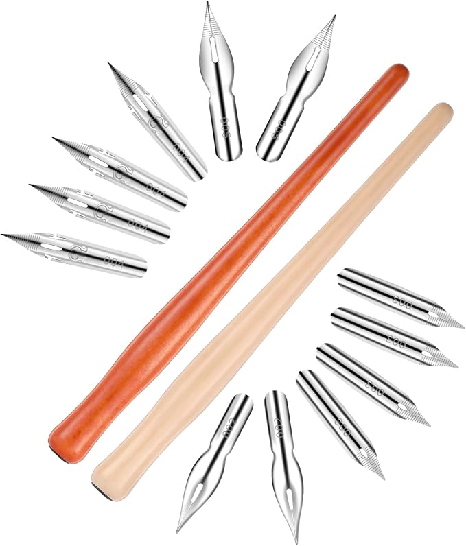 14 Pcs Calligraphy Nibs Dip Pen Nibs Holders by Mozeat+Lens