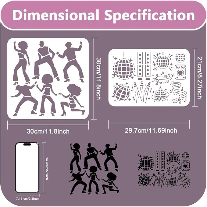 2Pcs Disco People Stencils for Painting, 11.8"x11.8" Reusable Disco Ball - Image 2