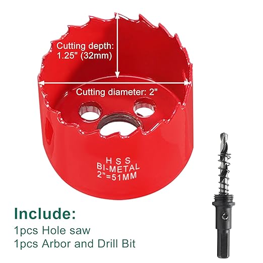 HYCHIKA 2 Inch/51mm Hole Saw,Bi-Metal Cutter Hole Max Cutting Depth 32mm with 1 Arbor Drill Bit for Wood Cutting Cornhole Plastic Drywall Boards Fiberboard