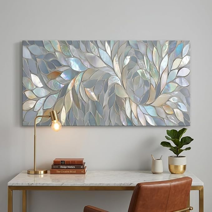 ZESTRILIA Iridescent Mosaic Leaf Canvas Wall Art, Abstract Mother of Pearl Print - Image 6