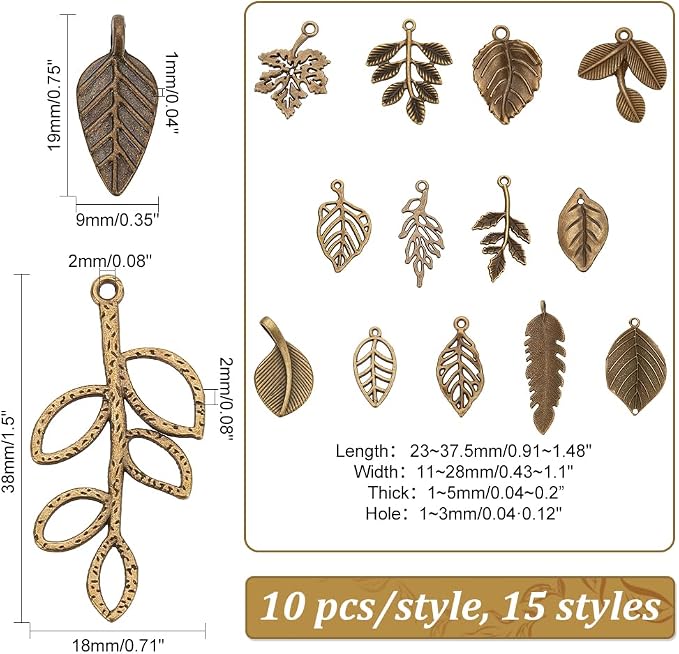 PH PandaHall 150pcs 15 Styles Tree Leaf Charms Pendants, Tibetan Branch Leaves - Image 3