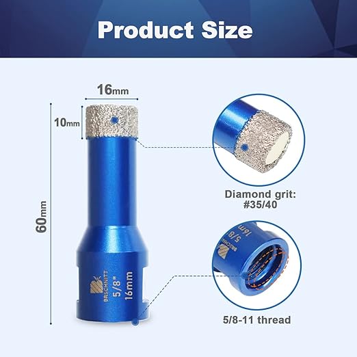 5/8 Inch Diamond Core Drill Bit for Porcelain Tile Ceramic Marble Granite Drilling,BRSCHNITT 1pc Vacuum Brazed Diamond Hole Saw with 5/8-11 Thread (16mm)