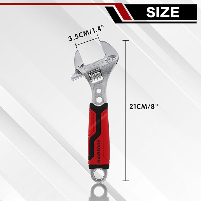 8-Inch Adjustable Wrench, Wide Jaw Adjustable Wrench with Anti-Slip Grips, Cr-V Steel Wrenchs for Home Repair, DIY, Garage