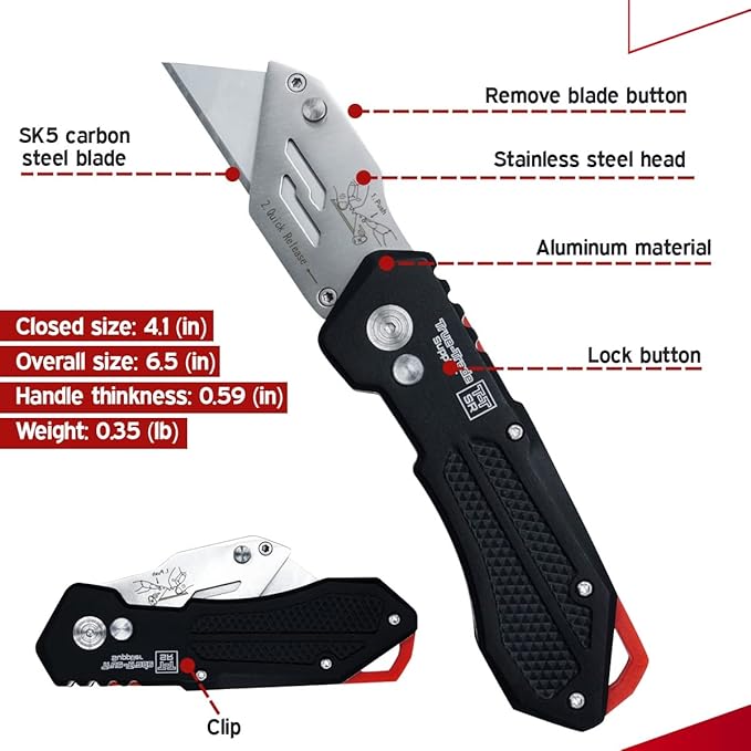 Heavy Duty Folding Utility Knife with Maintenance Tool, Holster, Nylon Pouch, Belt Clip, Stainless Steel Box Cutter, One Year Warranty