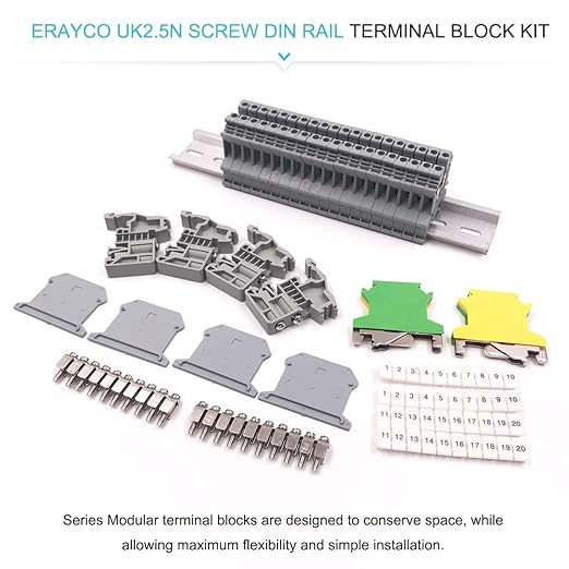 Erayco DIN Rail Terminal Blocks Kit, 20PCS UK2.5B Terminal Blocks 12 AWG Gauge, 20A 600V, 2PCS Ground Blocks, 4PCS Jumpers, End Stopper, End Covers, Marker Strip, 1Pcs 8" Aluminum Rail