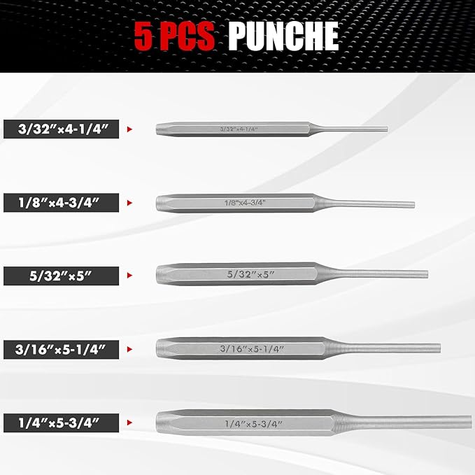 16 Pcs Punch and Chisel Set, Including Taper Punch, Center Punch, Pin Punch, Cold Chisels and Chisel Gauge for Mechanic and Metalworking