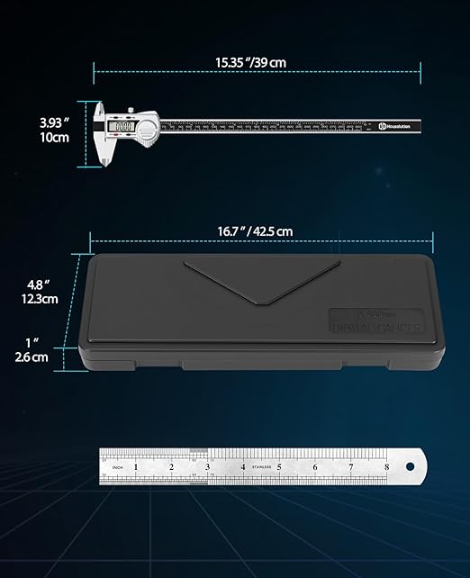 Digital Caliper 12 inch, (ABS) Absolute Scale Caliper, IP54 Caliper Measuring Tool, Inch/MM, Auto-Off LCD Stainless Steel Waterproof Micrometer Vernier Caliper, with Steel Ruler, Silver