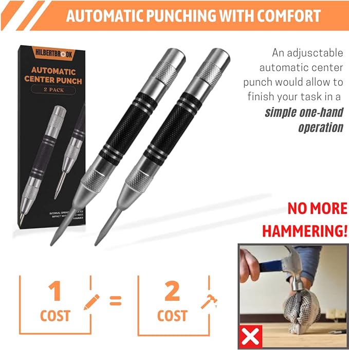 Automatic Center Punch 5 Inch Spring Loaded Center Punch Adjustable Tension Punch Tool for Metal Wood Glass Plastic 2 Pack