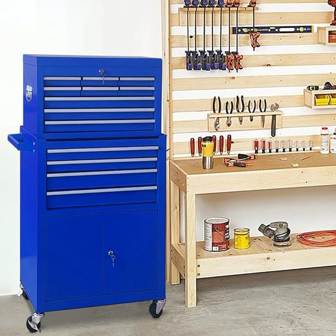 13-Drawer Tool Chest with Double Door and Wheels, Large Detachable Tool Box with Sliding Drawers, Mechanic Toolbox Storage Cabinets, Metal Tool Cart for Garage Workshop (Blue)