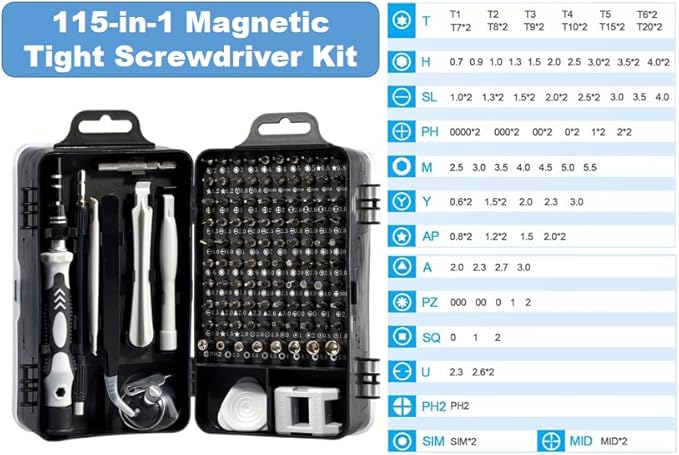 115-in-1 Precision Screwdriver Set, Mini Professional Magnetic Repair Tool Kit for small screwdrivers for mobile phones, computers, watches, laptops, Macbooks, game consoles, glasses, electronics.