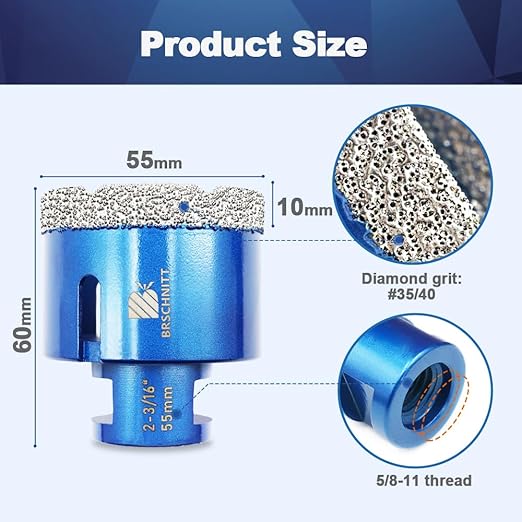 55mm Diamond Core Drill Bit for Porcelain Tile Ceramic Marble Granite Drilling,BRSCHNITT 2pcs Vacuum Brazed Diamond Hole Saw with 5/8-11 Thread (55mm 2pcs)