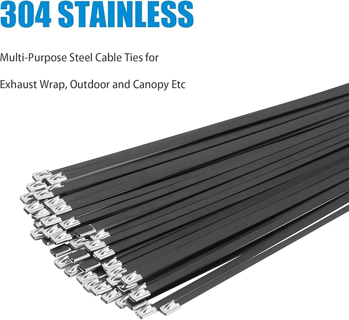 XINGO 16 inch Metal Zip Ties Heavy Duty 100 Pack, 304 Stainless Steel Zip Ties, 300lbs Tensile Strength, Multi-Purpose Self-Locking Cable Ties for Exhaust Wrap, Outdoor and Canopy Etc