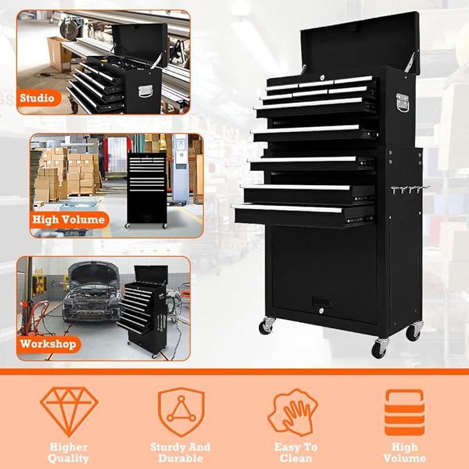 13 Drawers Tool Chest with Wheels,Large Capacity Tool Storage Cabinet with Removable Top Toolbox, Locking Mechanical Tool Cart with Liner,Suitable for Garages, Warehouses-Black