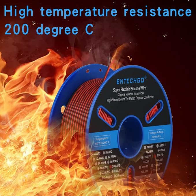 BNTECHGO 20 Gauge Flexible 2 Conductor Parallel Silicone Wire Spool Red Black High Resistant 200 deg C 600V for Single Color LED Strip Extension Cable Cord,Model,500ft Stranded Tinned Copper Wire