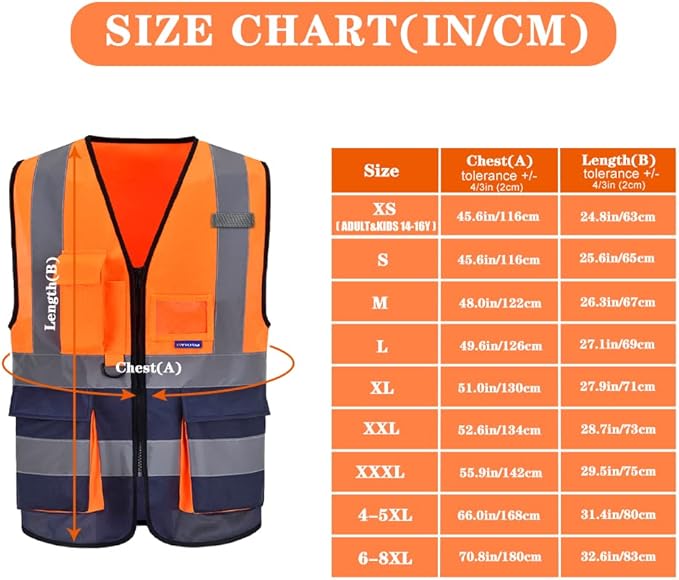 A-SAFETY High visibility vest,Reflective Safety Vest Workwear 7 Pockets Hi Vis Durable Vest with Reflective Tapes 4 Lower Pockets,Orange&Navy M