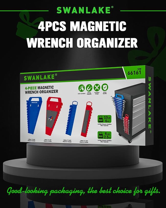 SWANLAKE 4-Pack Magnetic Wrench Organizer Toolbox Holder, 2PCS 15-Slot and 2PCS 12-Slot Wrench Organizers, SAE & Metric Ratchet Holders for Tool Box