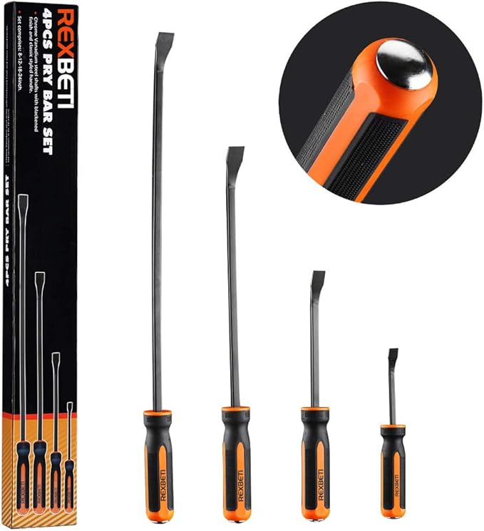 REXBETI Pry Bar Set, Heavy Duty Pry Bar 4-Piece Mechanic Hand Tools, Thicker Strike Cap Handle, Black Orange