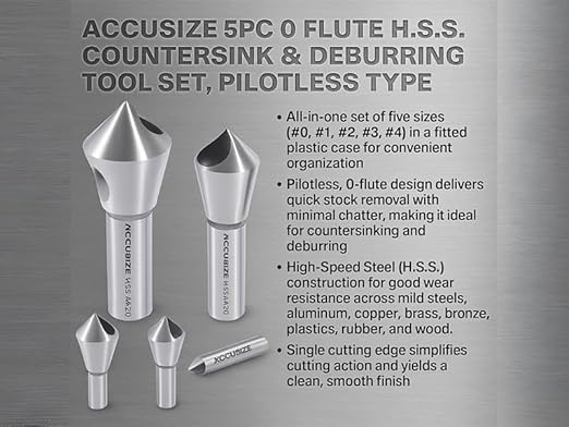 Accusize Industrial Tools 5 pc 82 Deg 0-Flute HSS Countersink & Deburring Tool Set, Pilotless Type, 0206-0482