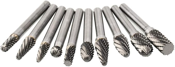 Carbide Burrs Set 1/4 Inch Shank Double Cut Solid Carbide Rotary Burr Set for Die Grinder Drill, Metal Carving, Polishing, Engraving, Drilling(10pcs)