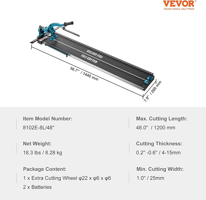 VEVOR Manual Tile Cutter, 48 inch, Porcelain Ceramic Tile Cutter with Tungsten Carbide Cutting Wheel, Infrared Positioning, Anti-Skid Feet, Durable Rails for professional installers or beginners