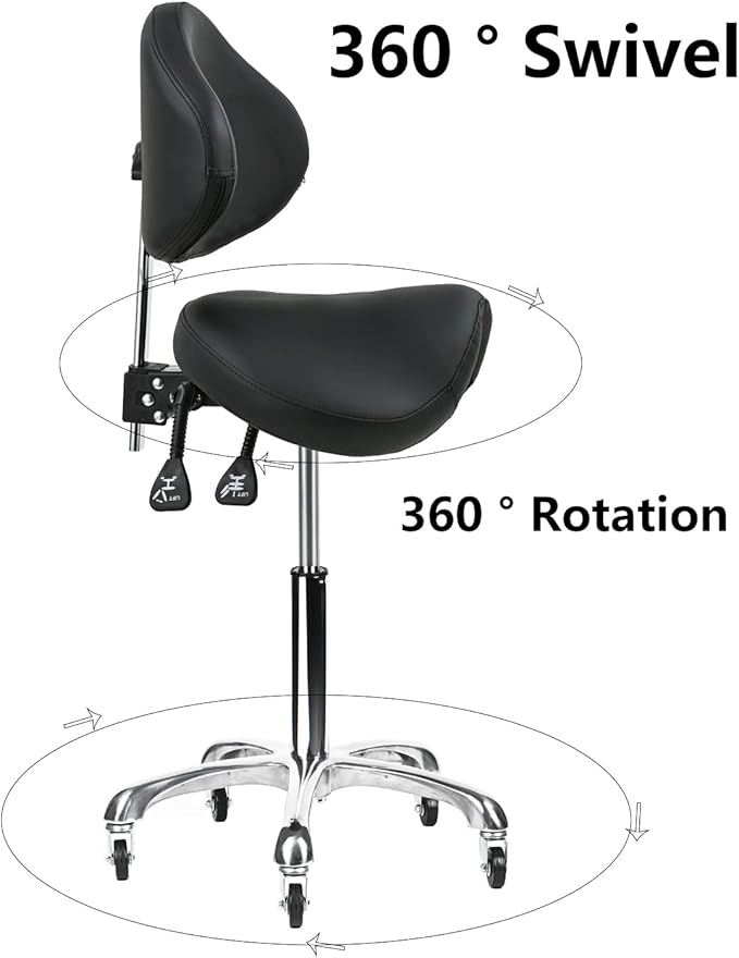 Saddle Stool Rolling Chair with Back Support Swivel Adjustable Height Ergonomic Thick Seat Cushion with Wheels for Nail Lash Tech Esthetician Tattoo Artist Salon Hair Cutting Stylist Black