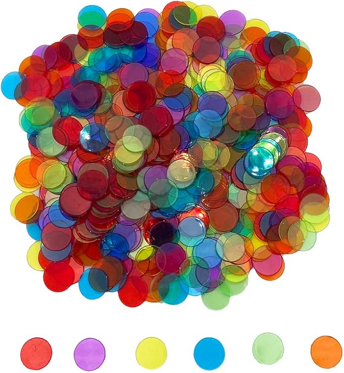 JUNWRROW 500 Pieces 3/4 inch Transparent 6 Color Bingo Counting Chips by JUNWRROW