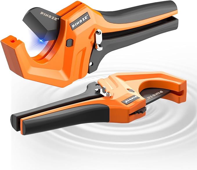 PVC Pipe Cutter Cuts up to 2-1/2”, Aluminum Ratchet Pipe Cutter Tool Heavy-Duty for PVC, PPR, PE, PEX, Plastic Hoses & Plumbing Pipes, Fast Pipe Tube Cutters with Teflon Coated SK5 Blade