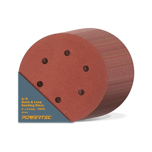 POWERTEC 60 Grit, 100 PK, 6 Inch Sanding Discs – Hook and Loop, 6-Hole Aluminum Oxide Orbital Sander Pads, Woodworking Round Sandpaper for Random Orbital, Air, Pneumatic & DA Sanders (45206-P4)