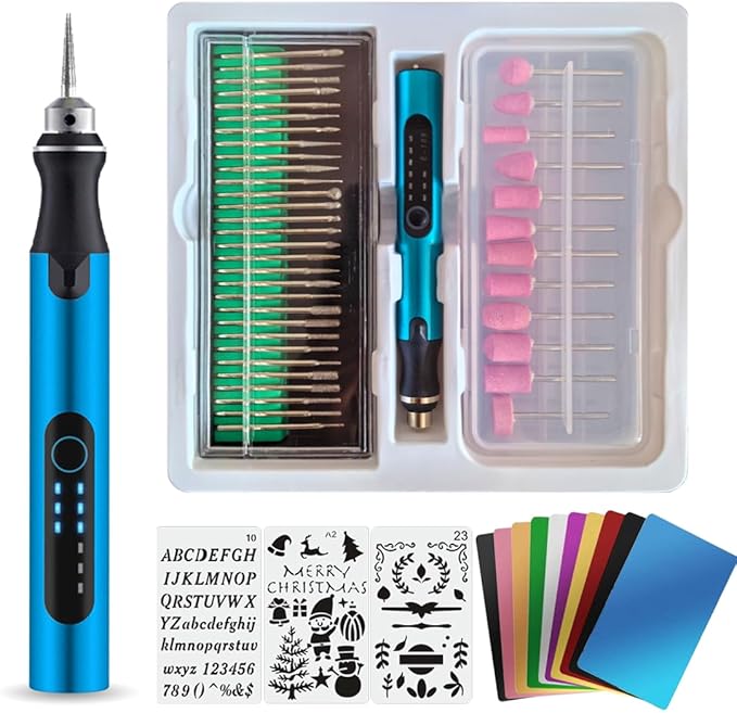 USB Engraving Pen with 47 bits,10Metal Business Card Blanks,Electric Engraver Machine Cordless Engraving Tools Engraved Jewelry Metal Resin Plastic Stone