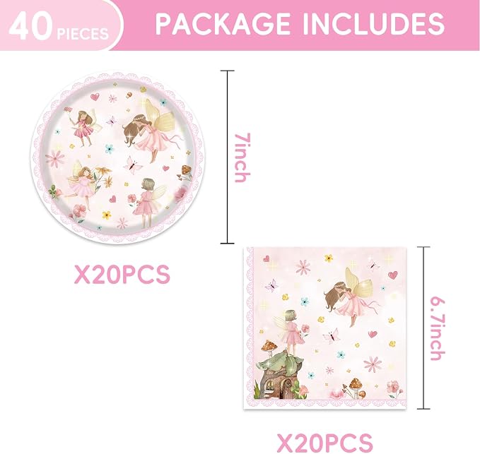 40Pcs Fairy First Birthday Decorations Fairy Plates and Napkins Birthday Party - Image 2