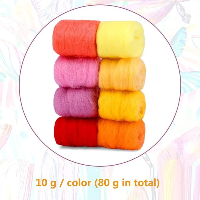 Wonvoc Needle Felting Wool 2.82oz/80 g, 8 Colors Nature Wool Roving Yarn - Image 2