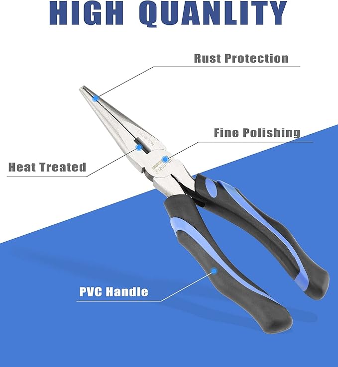 8-Inch Long Needle-Nose Side Cutting Pliers with Heavy Duty Nickel Chromium Steel Construction