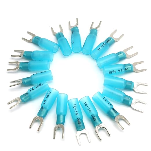 Hordion 100PCS 16-14 AWG Fork Connector, Blue Heat Shrink Fork Terminals Waterproof and Insulated Electrical Crimp Connectors for Boat Truck Stereo